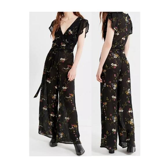 Urban Outfitters Marie Prairie Floral Wrap Jumpsuit Black 4 Boho wide leg Sheer - Picture 2 of 10